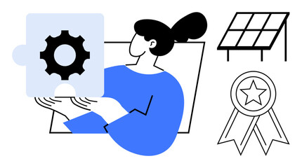 Female figure holding a gear puzzle piece, solar panel, and award badge emphasizing sustainability, problem-solving, innovation, success, clean energy, teamwork, and recognition in a simple flat