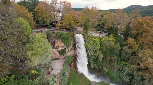Edessa Waterfall Aerial View, Urban Nature Landscape in Greece Countryside Town