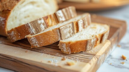 Sliced bread on a wooden cutting board. The bread has a golden crust and soft interior. A rustic kitchen setting is visible in the background.