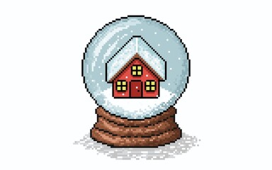Pixel art illustration of a festive snow globe with a clear glass dome, winter feeling. Inside, a red cabin or house under a blanket of snow. perfect for seasonal designs, wallpaper, background.