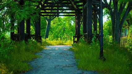 A peaceful walkway meanders through a lush park, shaded by a wooden trellis. Bright greenery and fragrant flowers fill the space, inviting relaxation and exploration.