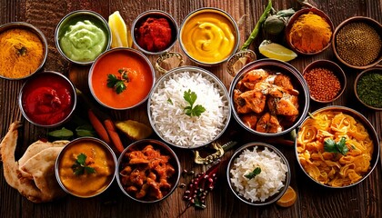 Assorted Indian recipes food various with spices and rice on wooden table 