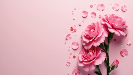 Three pink flowers on a pink background with confetti, suitable for birthday or celebration design