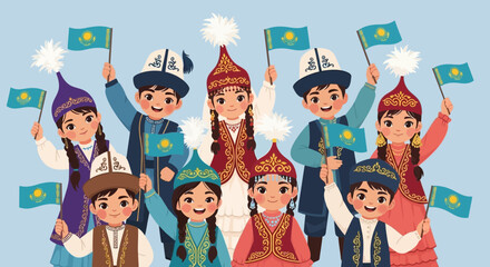 A cheerful group of children in traditional Kazakh costumes happily celebrating Kazakhstan's Independence Day with national flags