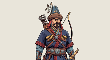 Obraz premium Kazakhstan's Independence Day illustration, featuring a warrior with bow and arrow, traditional attire