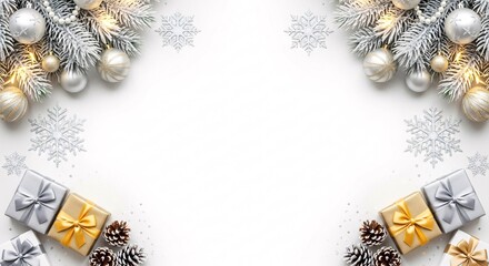 Elegant Christmas flat lay with snowy fir branches, glowing lights, silver and gold ornaments, and festive gift boxes on a white background