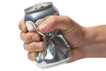 PNG. hand holding a can. A powerful hand crushing and squeezing a silver aluminum beverage can for recycling Isolated on transparent background.