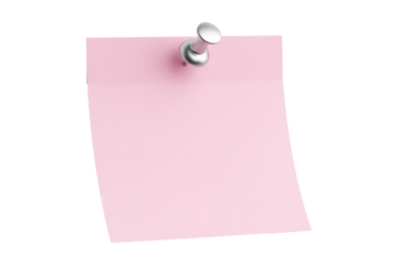 PNG. blank note paper with push pin. Blank pink sticky note with a silver thumbtack for reminders Isolated on transparent background.