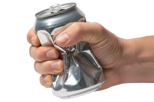 PNG. hand holding a can. A powerful hand crushing and squeezing a silver aluminum beverage can for recycling Isolated on transparent background. - Powered by Adobe