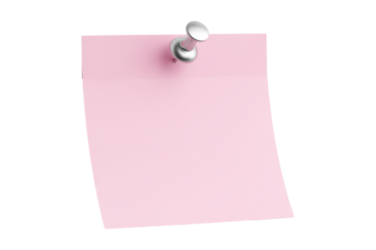 PNG. blank note paper with push pin. Blank pink sticky note with a silver thumbtack for reminders Isolated on transparent background.