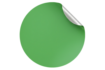 PNG.green paper label. Round green sticker with peeled corner, blank label mockup Isolated on transparent background.