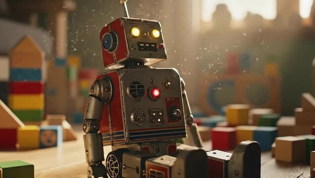 national science fiction day retro robot toy in sunlit playroom