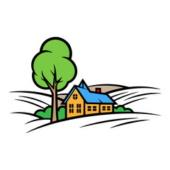 Cartoon vector illustration of a summer house building with tree, grass, sun, and clouds in a village landscape design