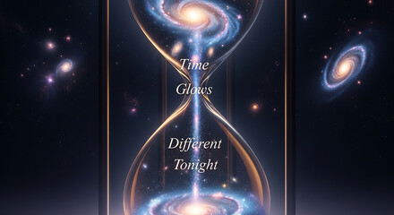 Hourglass with galaxies flowing through time, new year event