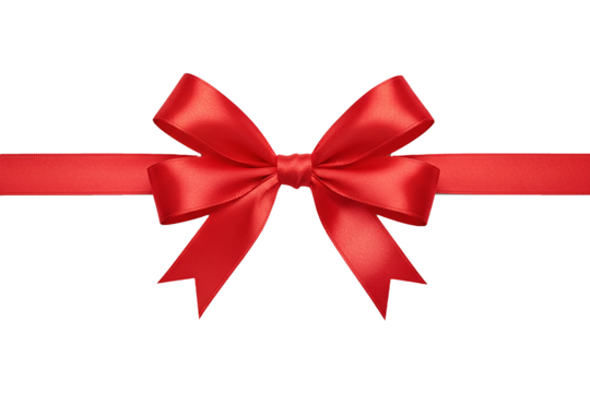 PNG. red ribbon bow. Red gift ribbon with a bow tied in the center horizontal layout Isolated on transpatrnt background.
