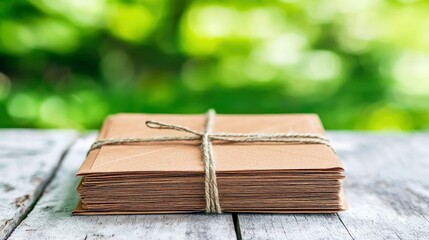 A stack of brown envelopes, tied with natural twine, rests on a weathered wooden surface, with a soft focus of green foliage in the background.