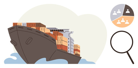 Obraz premium Cargo ship transporting containers on ocean waves, teamwork pie chart, and magnifying glass. Ideal for logistics, trade, global commerce, teamwork analysis, shipping, market research simple flat