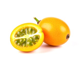 Granadilla fruit sliced open revealing juicy pulp on white surface