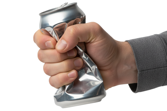PNG. hand holding a can. A powerful hand crushing and squeezing a silver aluminum beverage can for recycling Isolated on transparent background.