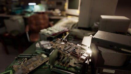 In a cluttered workshop, circuit boards and electronic parts are scattered across a table, showcasing the complexity of technology. Dim light reveals the details of each component.