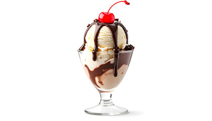 Ice cream sundae drizzled with chocolate syrup topped with cherry on white background