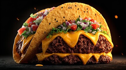 Delicious double stacked ground beef tacos with fresh toppings and melted cheddar
