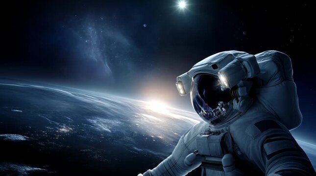 Astronaut visor reflects blue planet edge, cinematic low‑key space portrait delivering awe, mystery, and science‑forward storytelling.