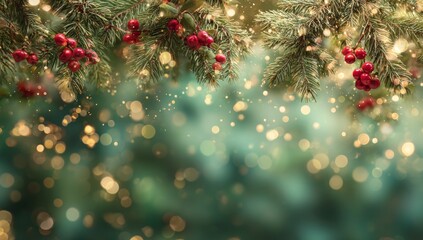 Decorative Christmas Pine Branches with Red Berries and Golden Lights
