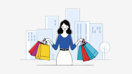 Happy Woman with Shopping Bags in City Vector Illustration