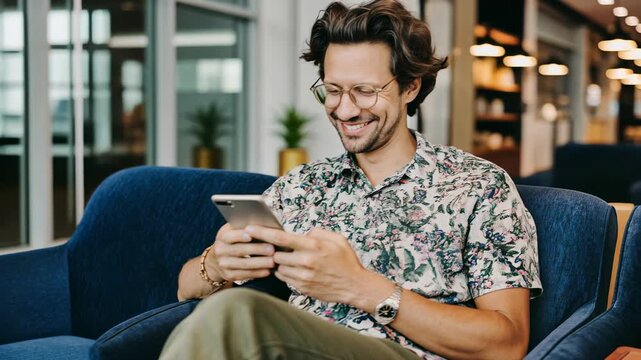 Relaxed professional checks notifications on a soft lounge chair, ambient cafe lights flickering behind&mdash;friendly lifestyle clip great for app demos, customer success stories and fintech onboarding whe