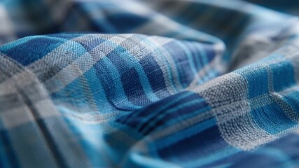 Blue and white plaid fabric close-up. Intricate woven texture and classic checkered pattern with soft folds. Highlights material's tactile quality for backgrounds and apparel design - Powered by Adobe