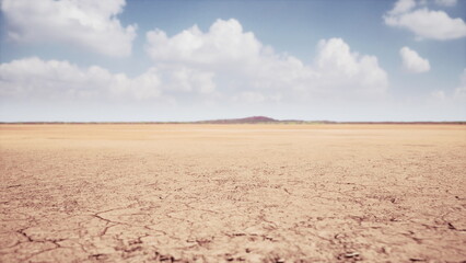Barren ground stretches across the horizon, cracked and dry under the warm sun. A vast expanse of desert highlights natures resilience. The sky is clear with fluffy white clouds floating above.