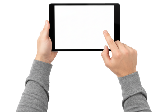 PNG. hand holding digital tablet. Male hands holding a digital tablet with a blank screen, finger tapping it Isolated on transparent background.