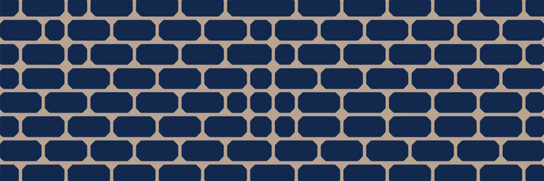 Repeating pattern of rounded navy rectangles and squares on a light beige background creating a grid design