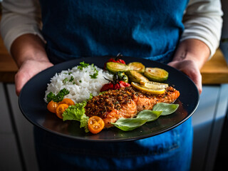 Woman holding plate with baked salmon with white rice and Brussels sprouts, close-up	