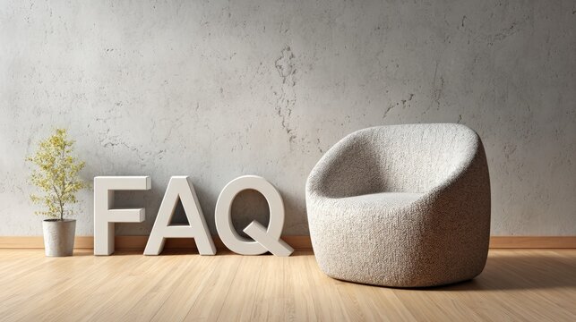 Faq letters standing on a wooden floor next to a comfortable armchair and a small potted plant, portraying concepts of help, support, and information in a minimalist waiting area