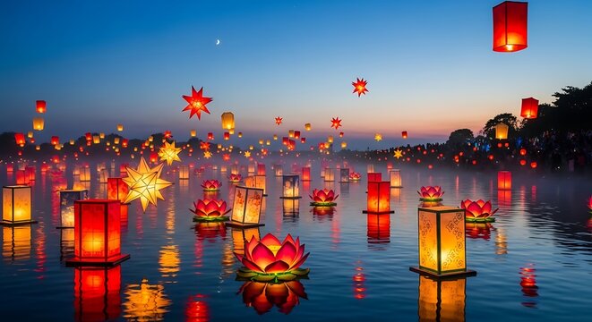 Colorful Floating Lanterns Illuminate a Serene Lake at Dusk.