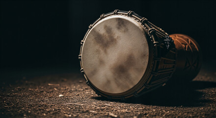 Djembe drum lying on the ground in a dramatic lighting and textured background
