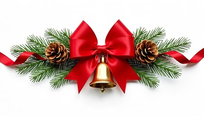 Festive Christmas arrangement featuring red ribbon bows, pine branches, pinecones, and golden bells. Clean white background enhances seasonal charm. AI generated.