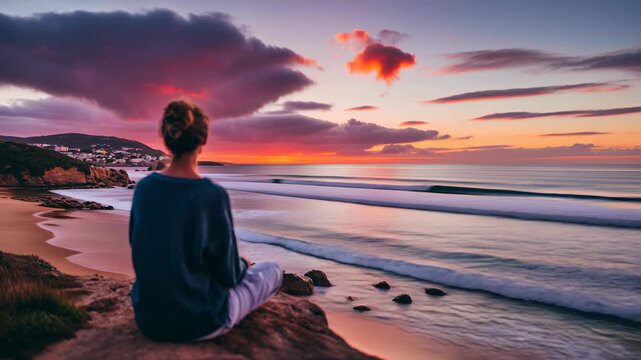 Woman sitting on rock looking at ocean sunset, peaceful meditation and mindfulness moment in nature, inspiring lifestyle and wellness travel scene for relaxation.