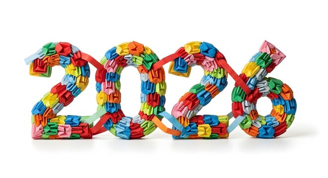 Colorful 2026 numbers made of small candy pieces isolated on transparent background