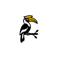 Obraz premium A bold stylized hornbill illustration perched on a branch, featuring a distinct beak, clean outlines, and vibrant accents