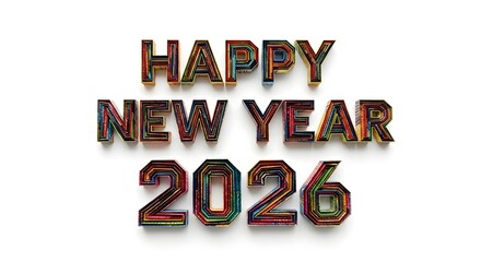 Happy new year 2026 decorative text with colorful striped letters isolated on white background