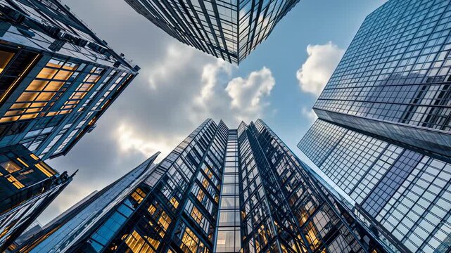 Office towers soar towards the sky, urban prosperity and modern achievement for commerce, architectural, and investment visuals.
