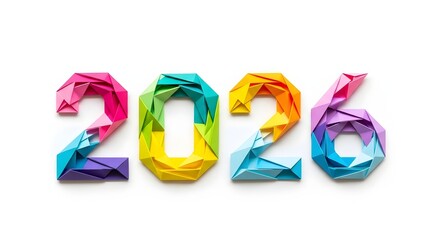 Colorful origami numbers 2026 made from crumpled paper isolated on white background
