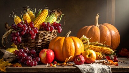 Autumn Harvest Still Life with Pumpkins and Corn.