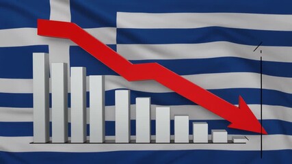 Greece Country Flag and Bar Chart Graph Decreasing Values Red Downward Arrow Economic  - Powered by Adobe