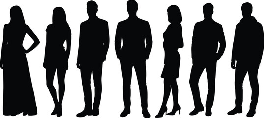 Group of people silhouettes standing together in formal and casual wear