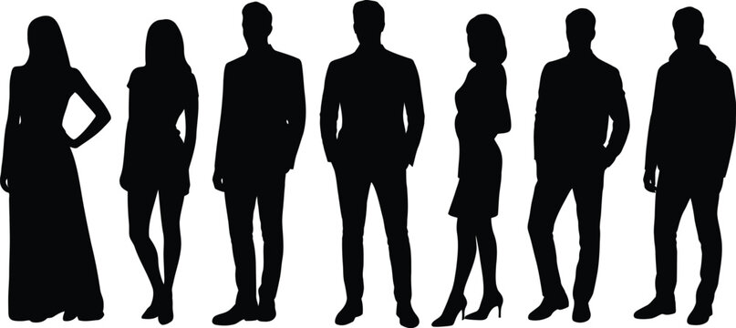 Group of people silhouettes standing together in formal and casual wear