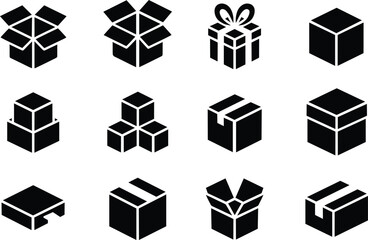 Set of Black and White Box Icons for Design and Commerce